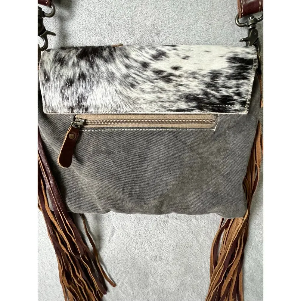 Myra Western Cowhide Fringe Crossbody Bag Leather Star Boho Cowgirl Rodeo Purse